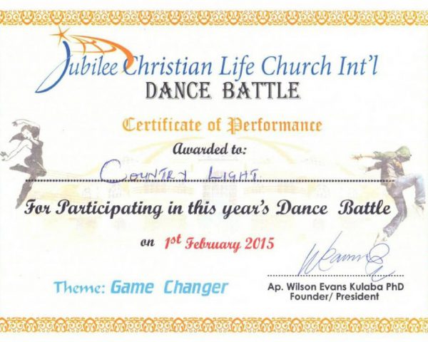 Certificate - Dance Battle Jubilee Christian Church International - Country Light