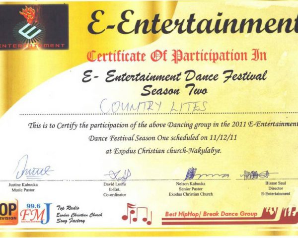 Certificate - Entertainment Dance Festival Season Two Exodus Church Nakulabye Kampala - Uganda - Country Lights